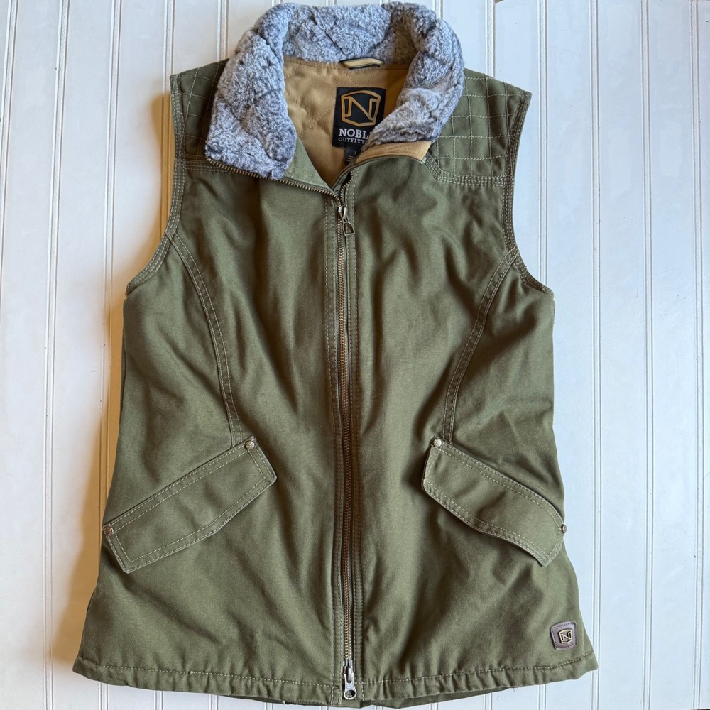 Noble Outfitters Womens Canvas Workwear Vest Olive Green Faux Fur Collar Small